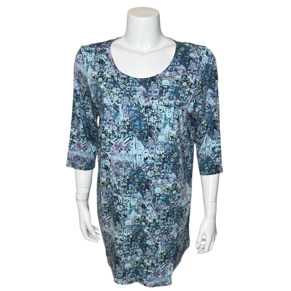 Pure Jill Printed Wrap Top Tee Tunic L 3/4 Sleeve Blue Purple